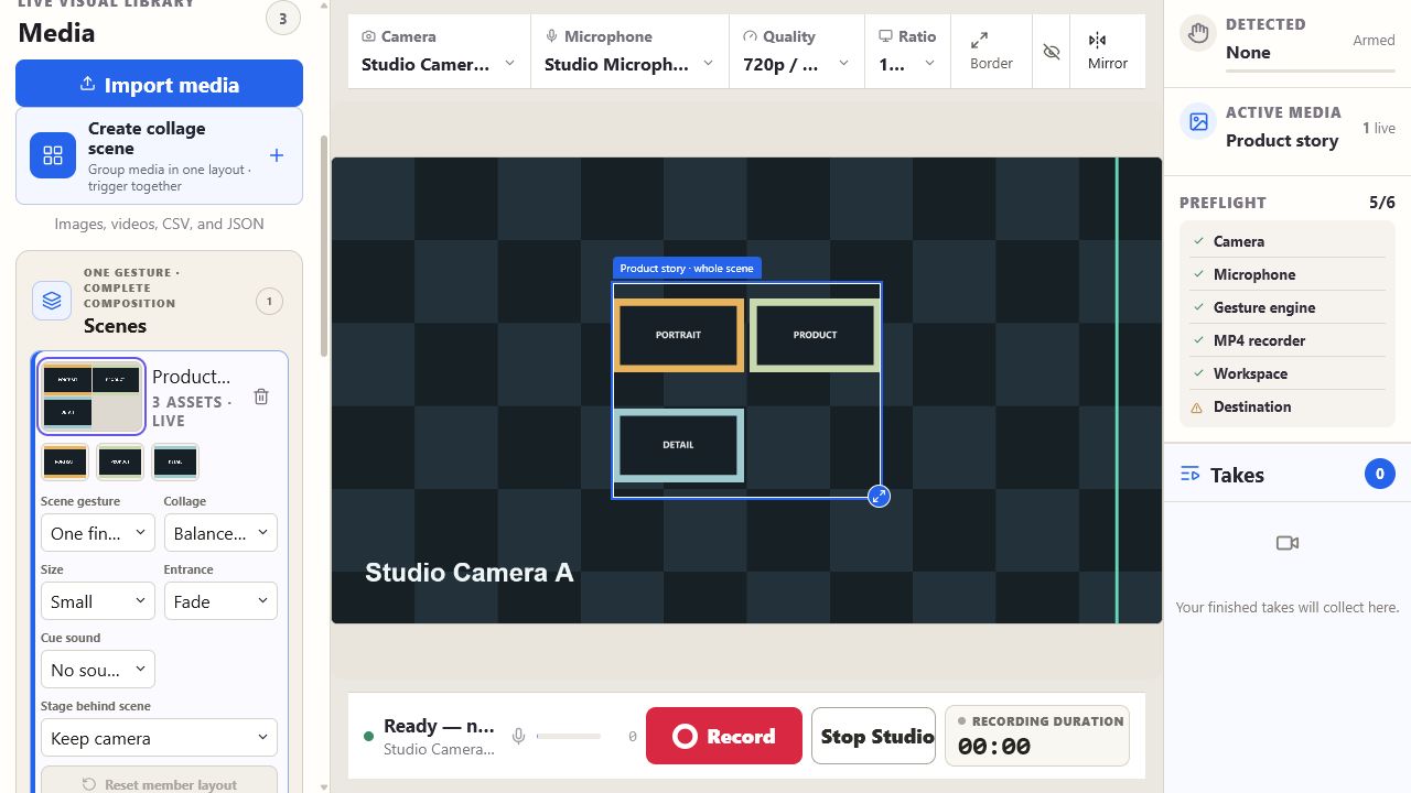 The real Rii-Flow studio showing a live scene, media library, and recording controls