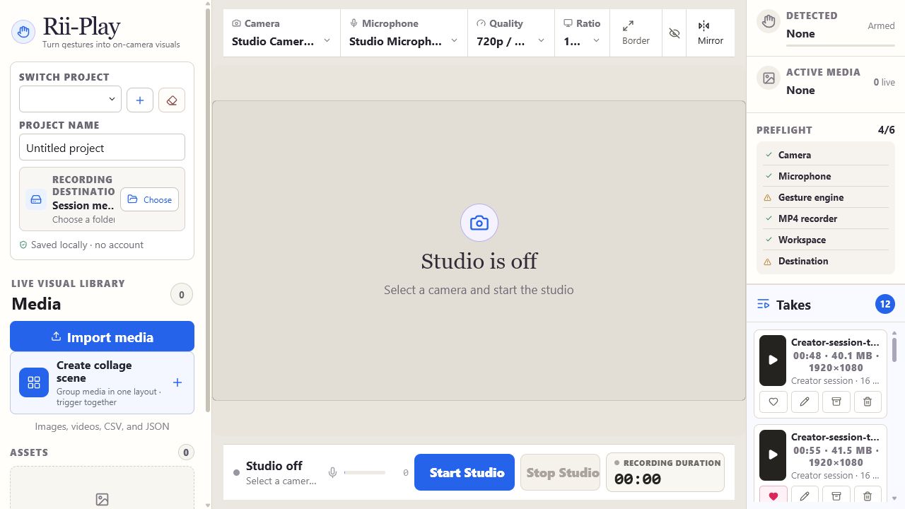 The real Rii-Flow local projects and completed takes workspace